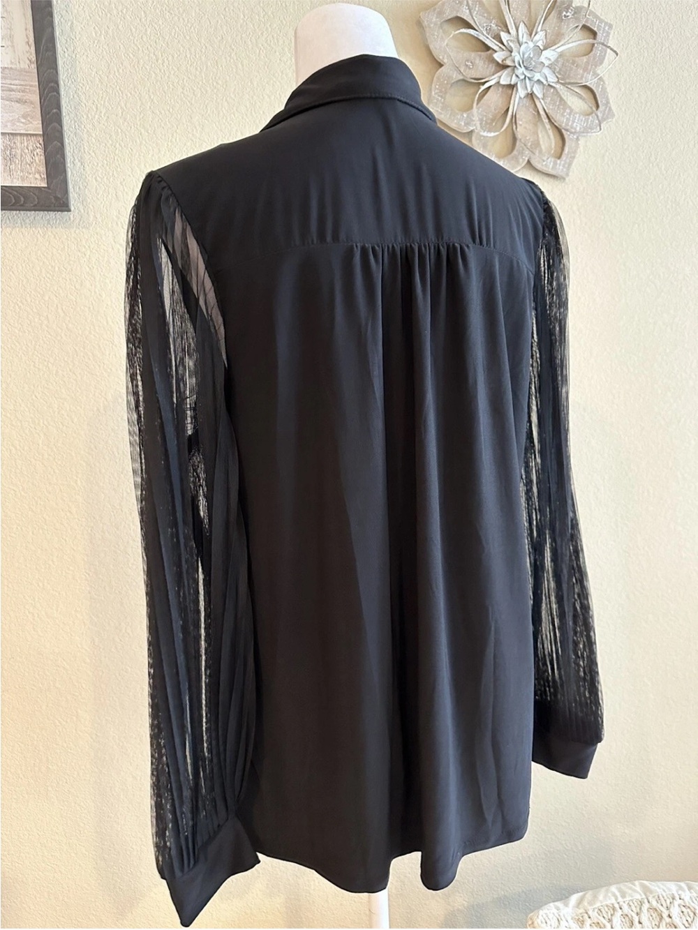 Perseption Concept,Black Button Blouse Pleated Sheer Mesh Sleeved Top, Size L - Picture 4 of 11